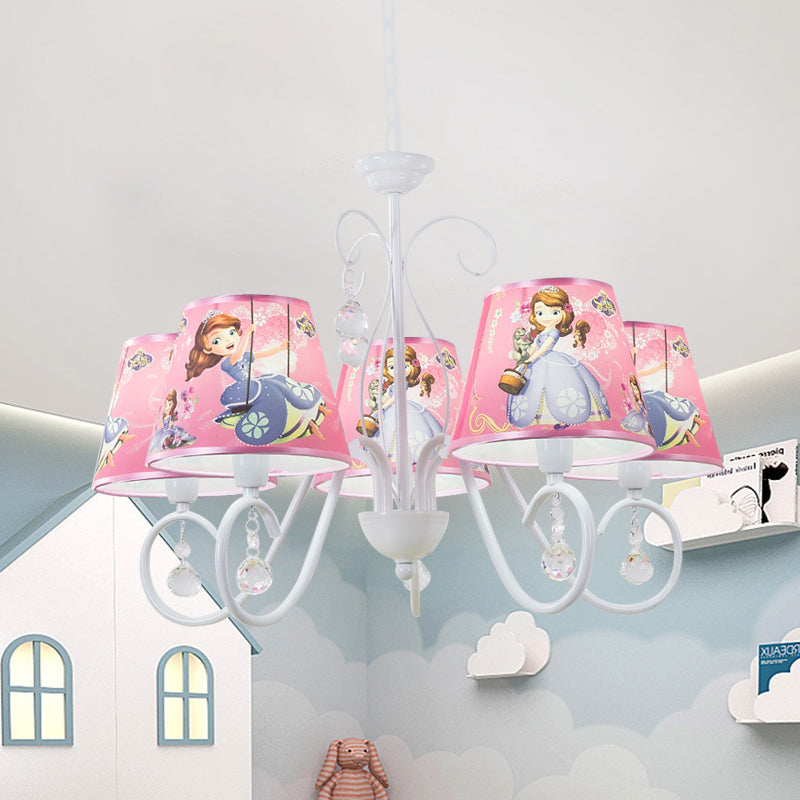 5/6 Bulbs Nursery Ceiling Chandelier Kids White/Pink Pendant Light Fixture with Bucket Fabric Shade