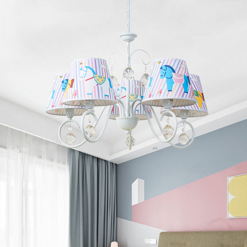 Fabric Tapered Ceiling Pendant Cartoon 5 Lights White Hanging Chandelier with Horse Pattern and Crystal Orb
