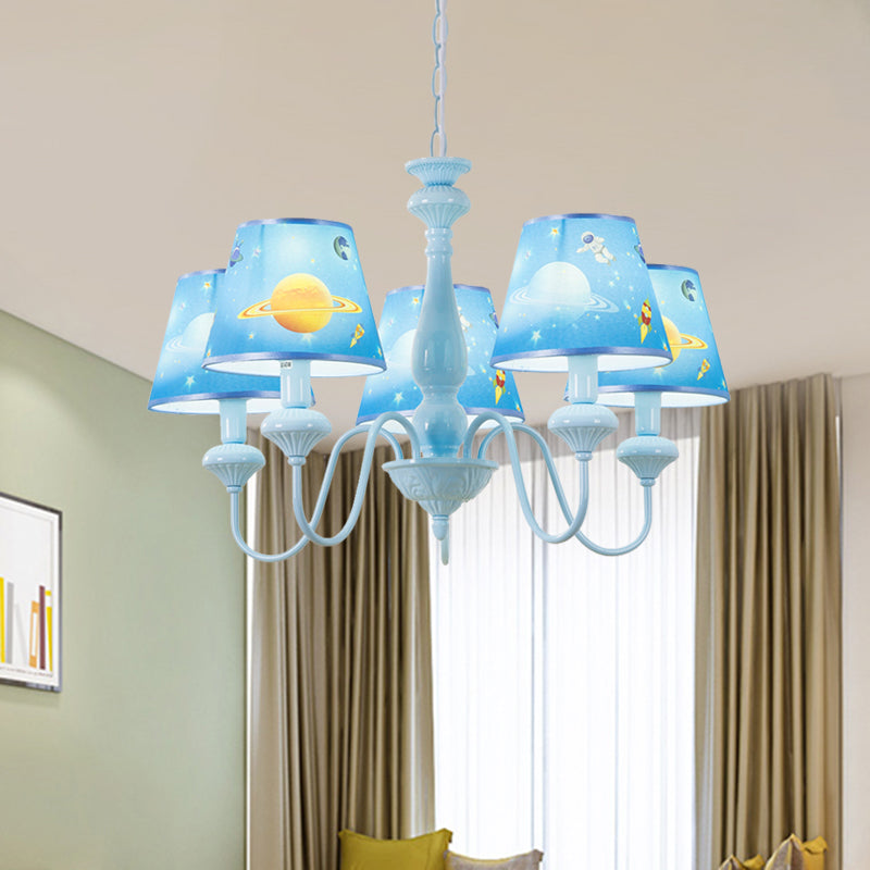 Blue Barrel Chandelier Light Mediterranean 5/6 Bulbs Fabric Ceiling Hang Fixture with Universe Pattern