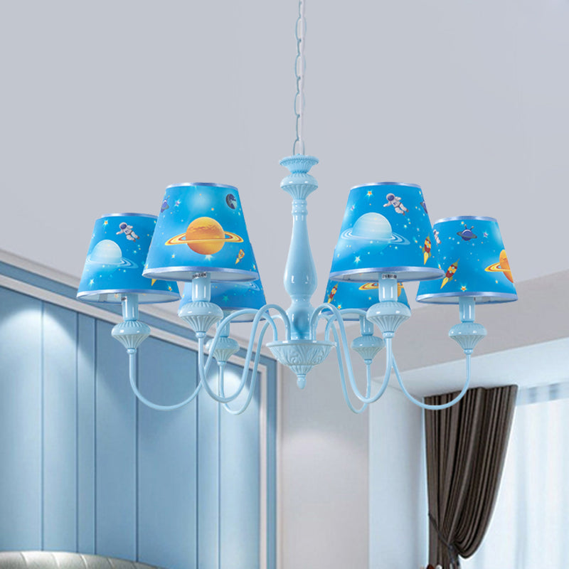 Blue Barrel Chandelier Light Mediterranean 5/6 Bulbs Fabric Ceiling Hang Fixture with Universe Pattern