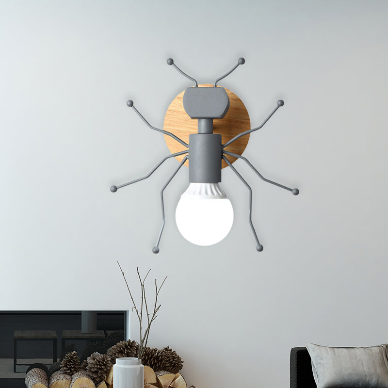 Ant Metal Sconce Wall Light Nordic 1 Bulb Grey/White/Green Wall Lighting Fixture with Wood Backplate