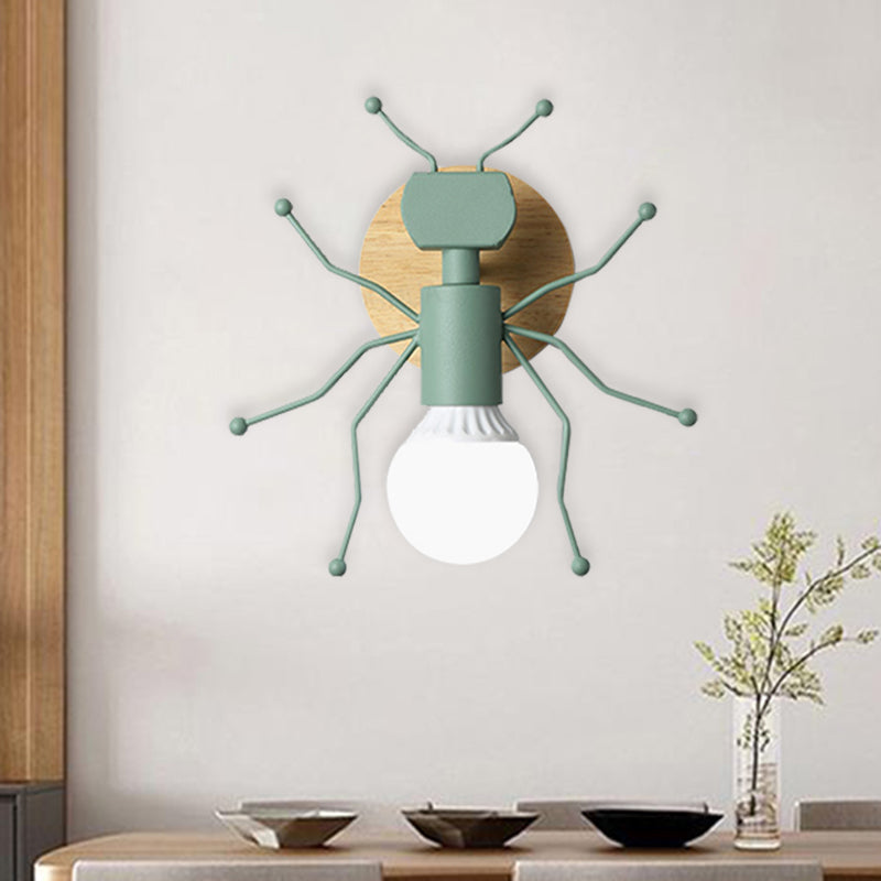 Ant Metal Sconce Wall Light Nordic 1 Bulb Grey/White/Green Wall Lighting Fixture with Wood Backplate