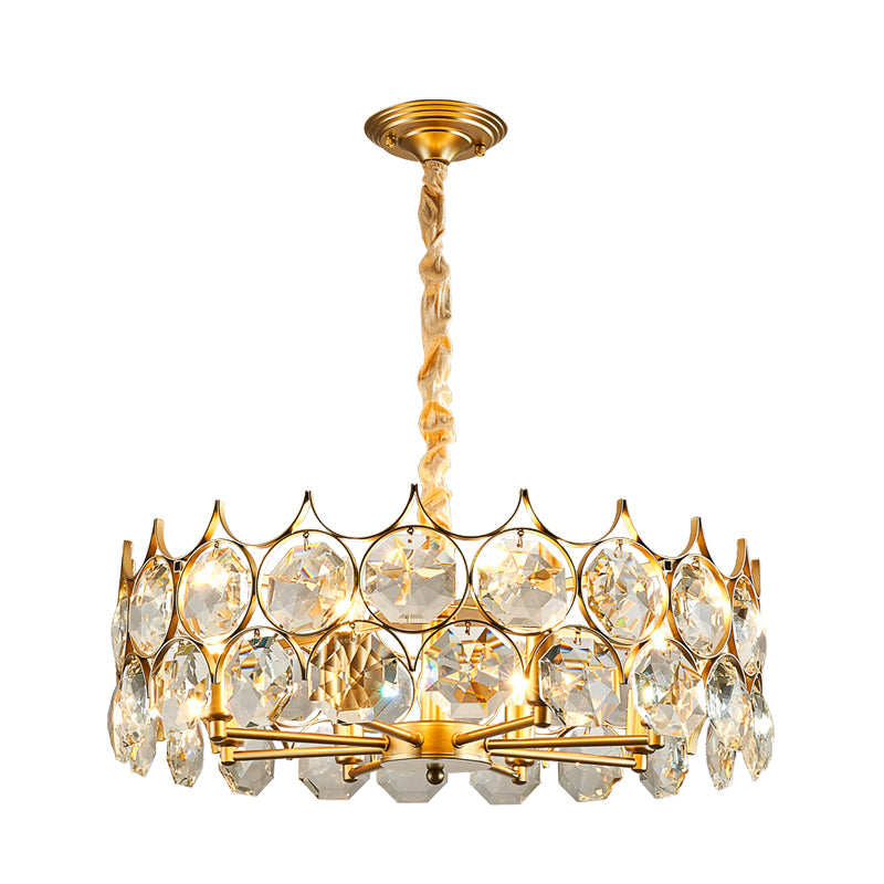 Minimalist Drum Pendant Chandelier 8 Bulbs Faceted Crystal Ceiling Hang Fixture in Gold