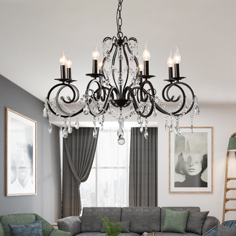 8-bulb gescrolde arm kroonluchter zwart metalen plafond hanger licht met kristal draperen