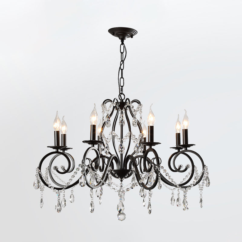 8-Bulb Scrolled Arm Chandelier Black Metal Ceiling Pendant Light with Crystal Draping