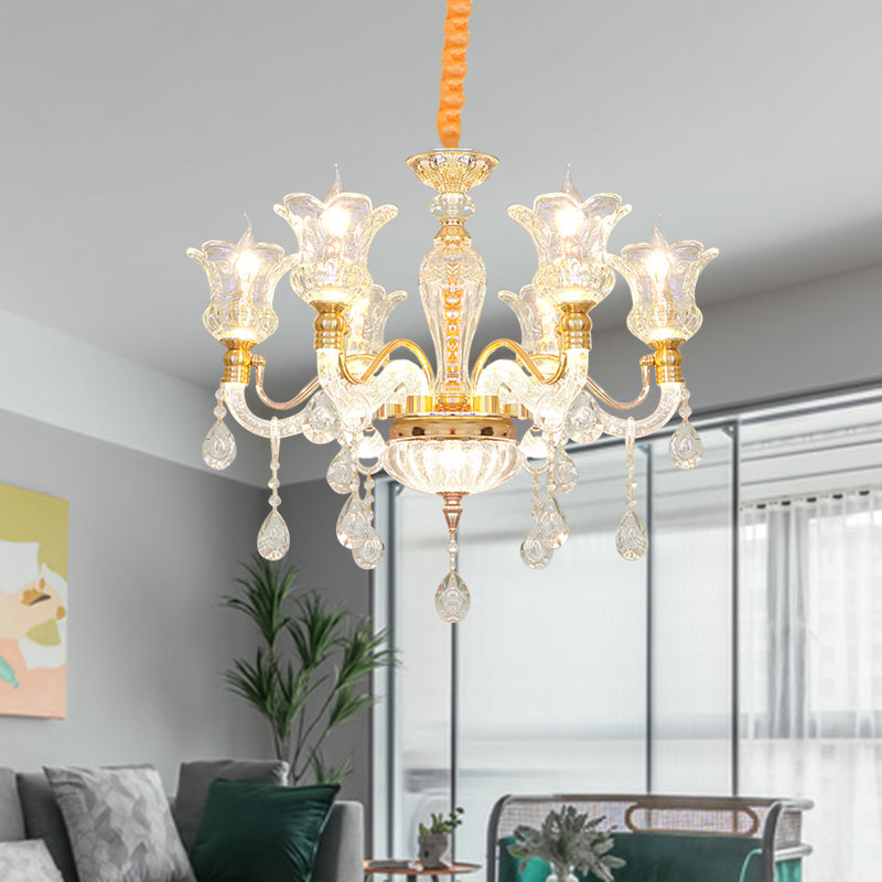 Blossom Clear Glass Ceiling Lamp Modern 6 Bulbs Bedroom Chandelier in Gold with Crystal Drop