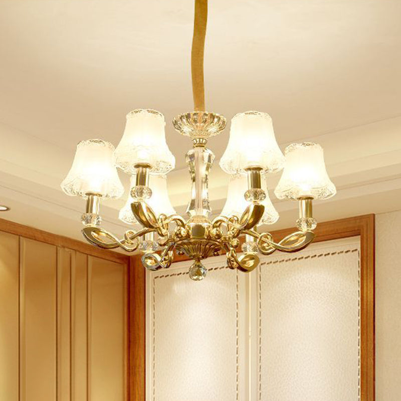 Milky Glass Bell Suspension Lamp Modern 6 Heads Dining Room Chandelier with Crystal Accent in Gold