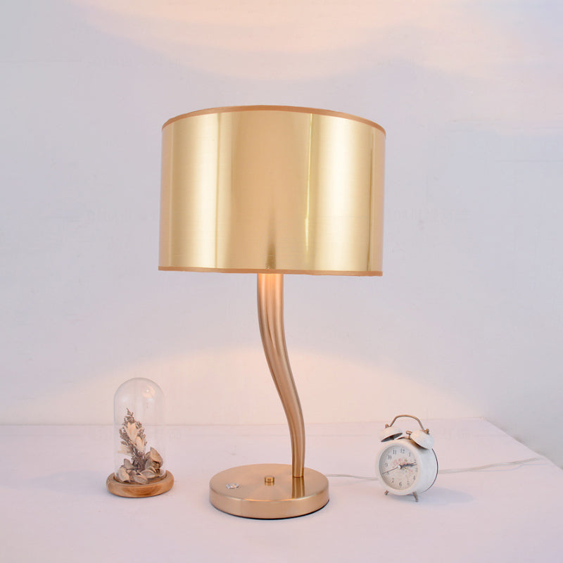 Gold Finish Drum Night Table Light Modernist 1-Light Fabric Nightstand Lamp for Living Room