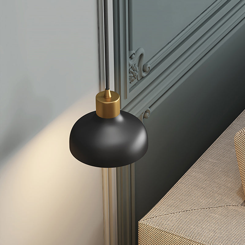 1 Light Bedside Drop Pendant Light Simple Black and Gold Hanging Lamp Kit with Bowl Metal Shade
