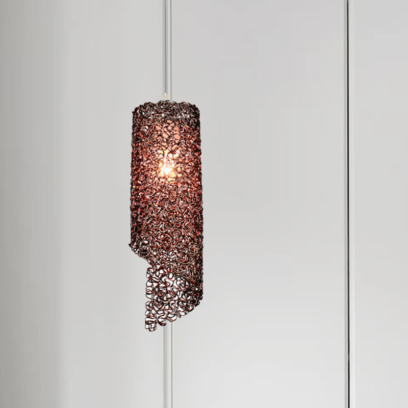 Silver/Brown/Blue Finish Cylinder Hanging Light Contemporary 1-Light Aluminum Wire Pendant Ceiling Lamp