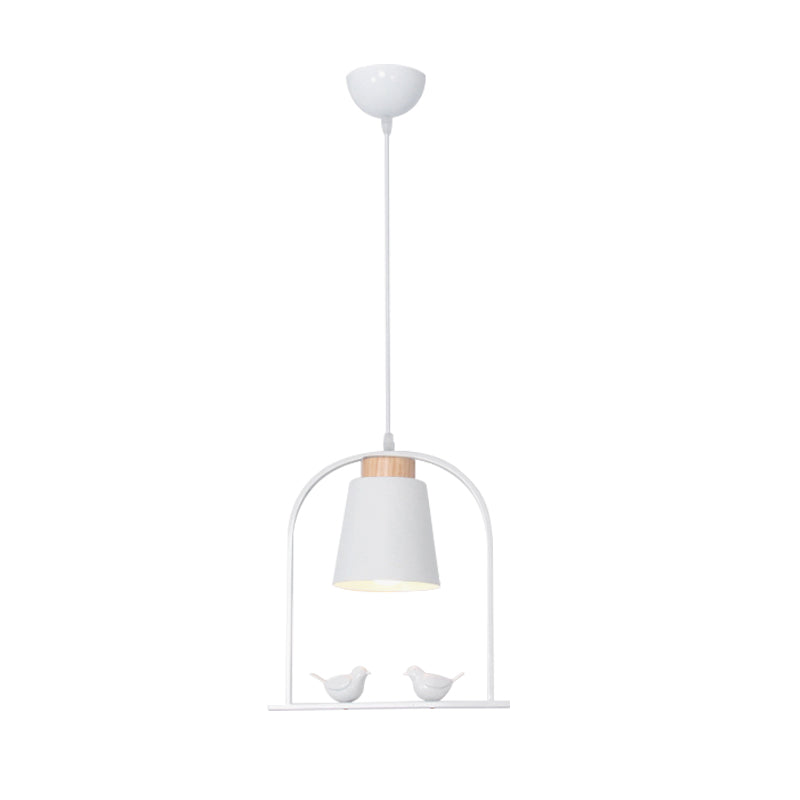 Bird Cage Shape Metal Down Lighting Macaron 1 Head White/Black/Grey Finish Pendulum Lamp with Small Barrel Shade