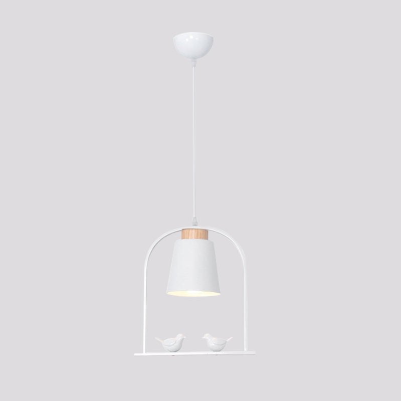 Bird Cage Shape Metal Down Lighting Macaron 1 Head White/Black/Grey Finish Pendulum Lamp with Small Barrel Shade