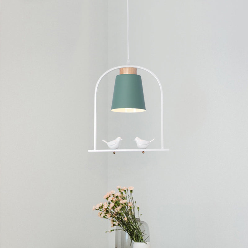 Bird Cage Shape Metal Down Lighting Macaron 1 Head White/Black/Grey Finish Pendulum Lamp with Small Barrel Shade