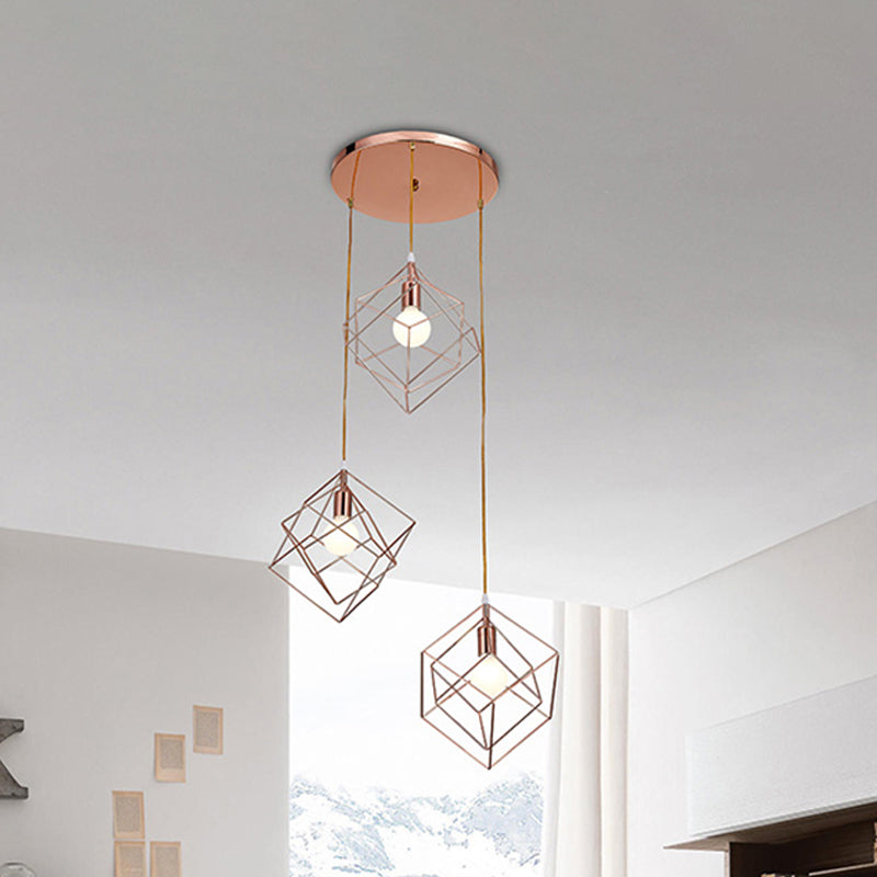 Rose Gold Finish Cube Cage Multi Ceiling Light Modern 3 Bulbs Iron Ceiling Suspension Lamp with Round Canopy