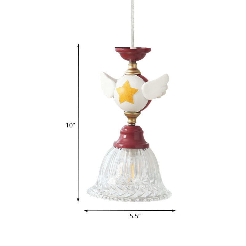 Bell Clear Glass Drop Lamp Cartoon 1-Head Red Down Lighting Pendant with Globe/Bird Design for Bedroom