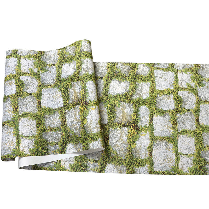 Grass and Stone Wallpaper in White and Green Vinyl Decorative Wall Decor, 20.5"W x 33'L