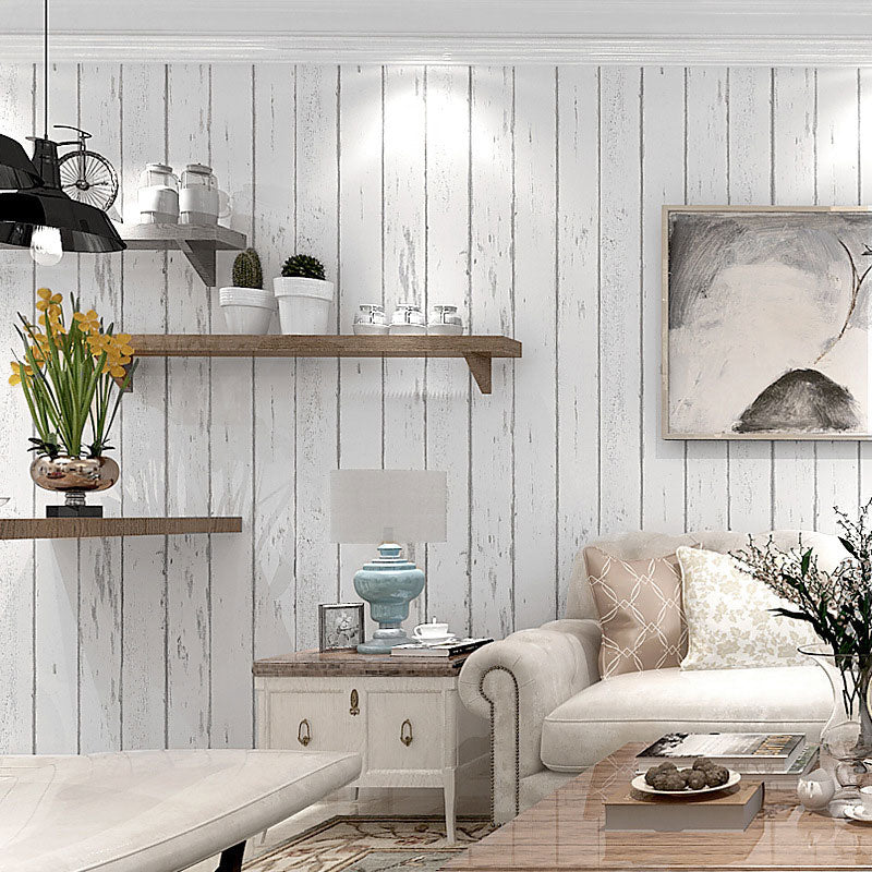 Plain White Wood Wallpaper Vertical Stripe Non-Pasted Decorative Wall Covering