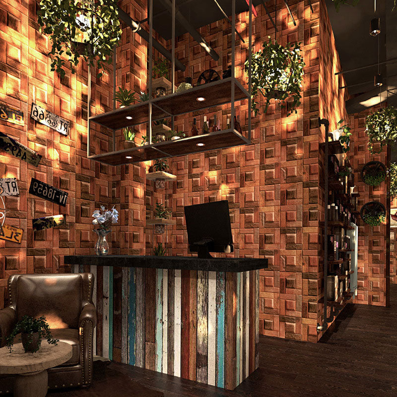 Stain-Resistant Cube Wallpaper Non-Pasted 3D  Wood PVC Wall Covering in Dark Red