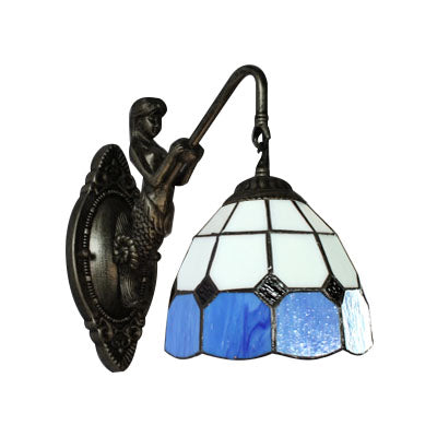 1 Head Wall Mount Light Tiffany Grid Patterned White and Blue Glass Sconce Light Fixture