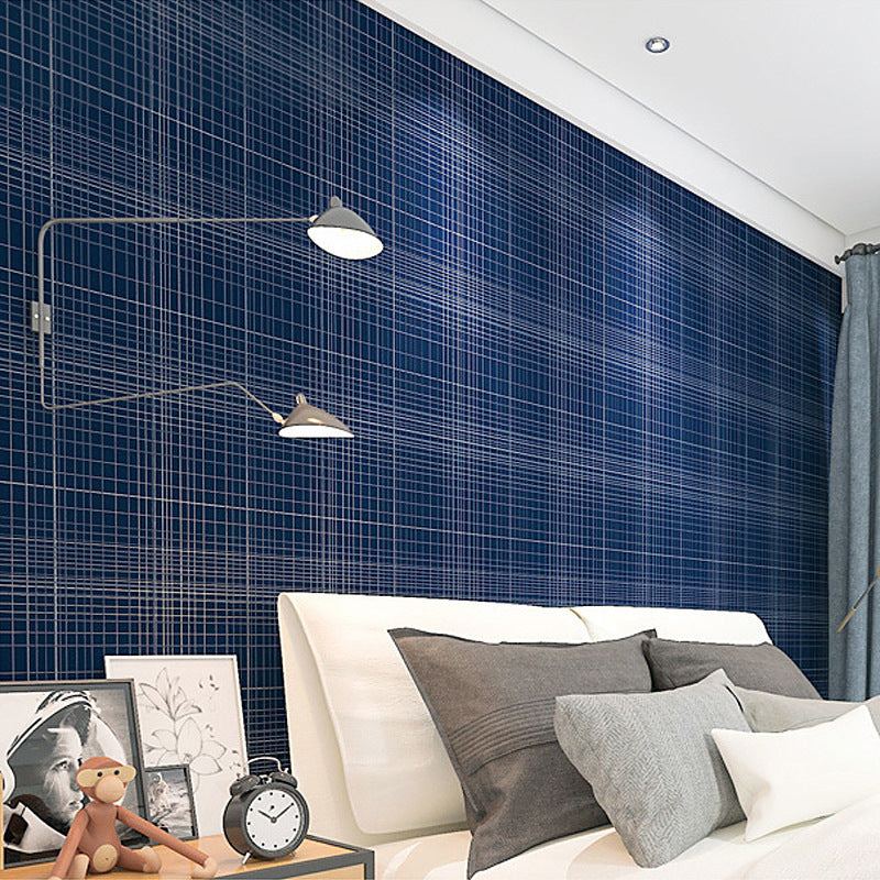 Non-Woven Fabric Wallpaper with Blue and White Grid and Line, Non-Pasted