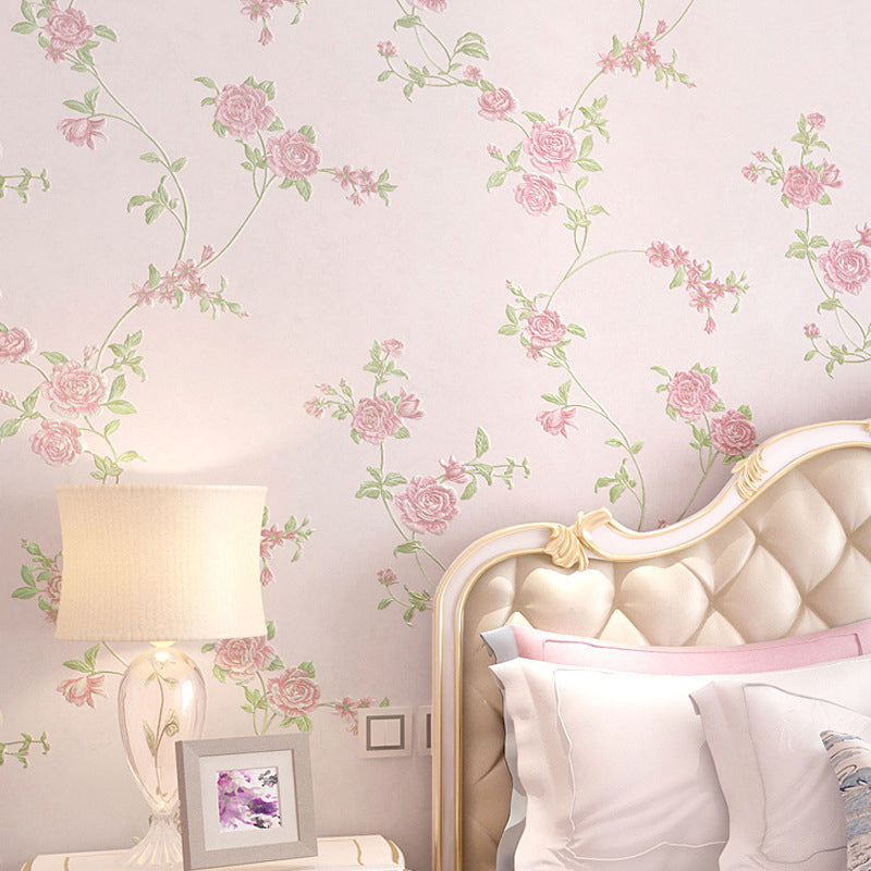 Girly Roses and Dense Flower Patterns Stain-Resistant Non-Pasted Wallpaper, 31'L x 21"W