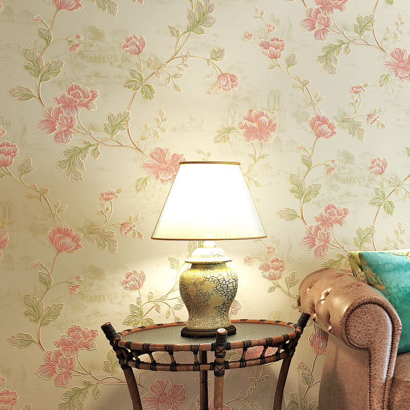 Botanical Peony and Branches Wallpaper Non-Pasted Wall Covering, 31 ft x 20.5 in, Pastel Color