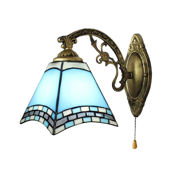 Mediterranean Pyramid Wall Lamp Blue Glass 1 Light Wall Mount Light with Pull Chain