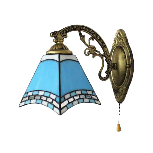 Mediterranean Pyramid Wall Lamp Blue Glass 1 Light Wall Mount Light with Pull Chain