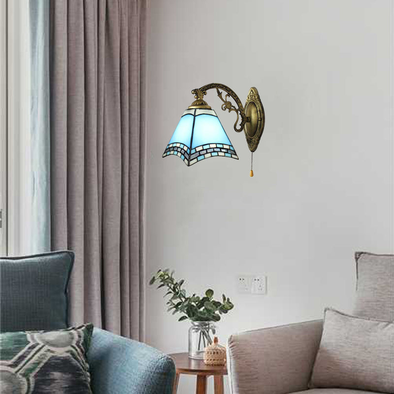 Mediterranean Pyramid Wall Lamp Blue Glass 1 Light Wall Mount Light with Pull Chain