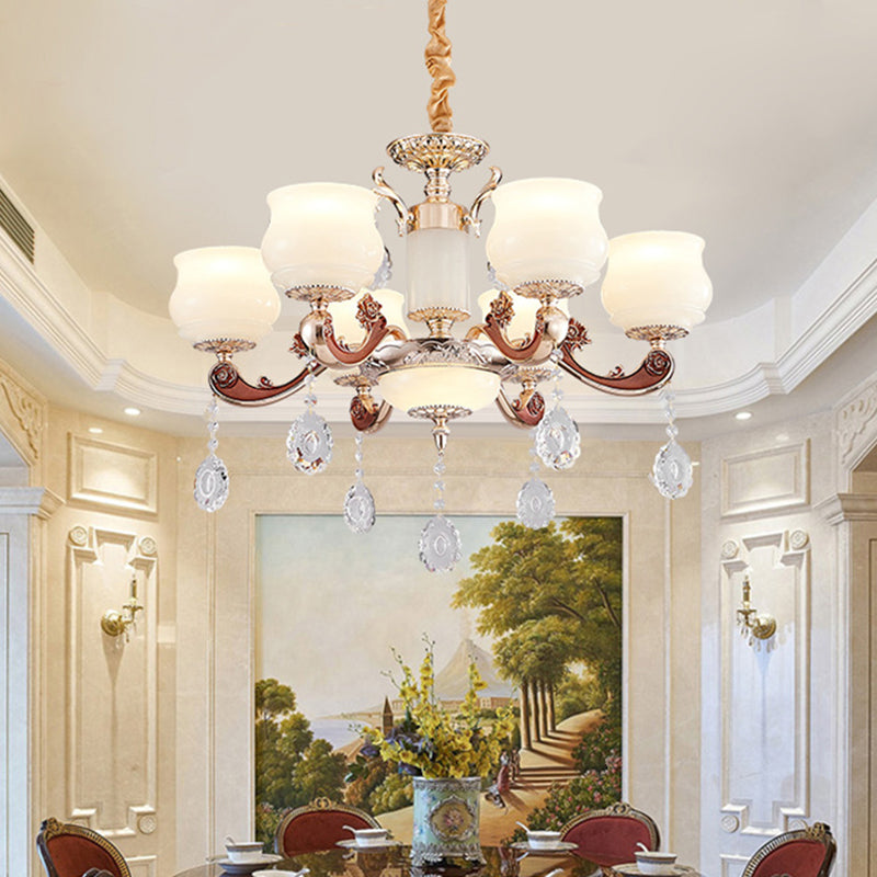 Einfachheitsknospenanhänger Beleuchtung 6 Lampenmilchglaskristall -Kronleuchterleuchte in Champagner