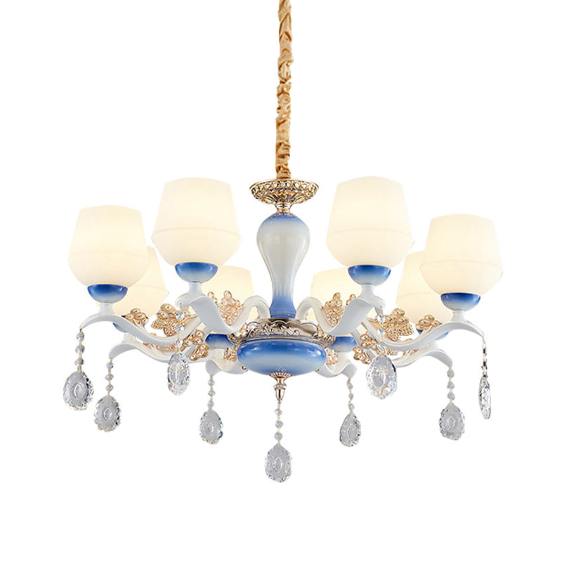 Moderne taps toelopende hangers kroonluchter 8 bollen ivoorglas kristal suspensie licht in blauw en wit