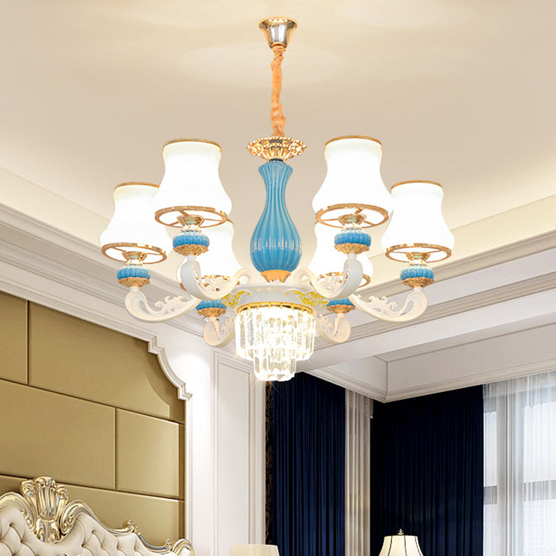 Blauw en wit 6-head kroonluchter hedendaagse opaalglas gebogen kristalhangende hanger