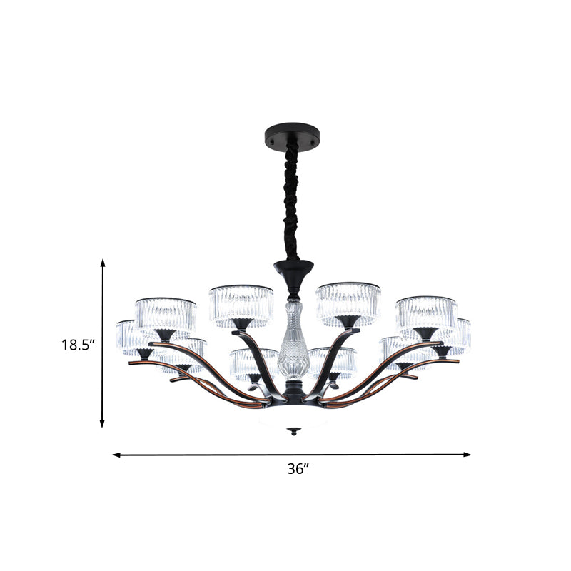 Iluminación de suspensión de extensión modernista 10 bombillas Campánea de techo de vidrio cristalino transparente en negro