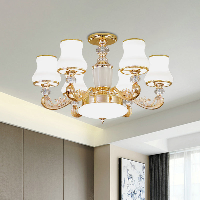6 Lights Flared Semi Flush Mount Simple Gold Frosted Glass Ceiling Light with Crystal Accent
