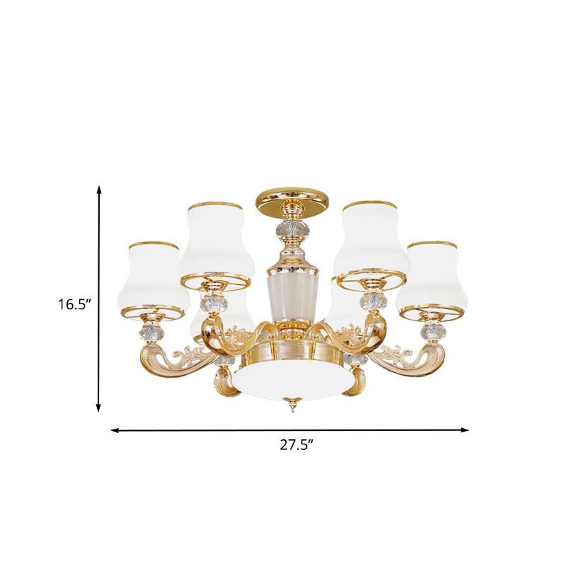 6 Lights Flared Semi Flush Mount Simple Gold Frosted Glass Ceiling Light with Crystal Accent