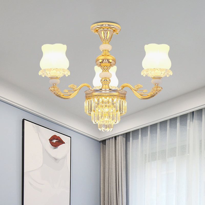 Cream Glass Flower Ceiling Flush Modern 3/6 Lights Bedroom Crystal Semi Flush Light in Gold