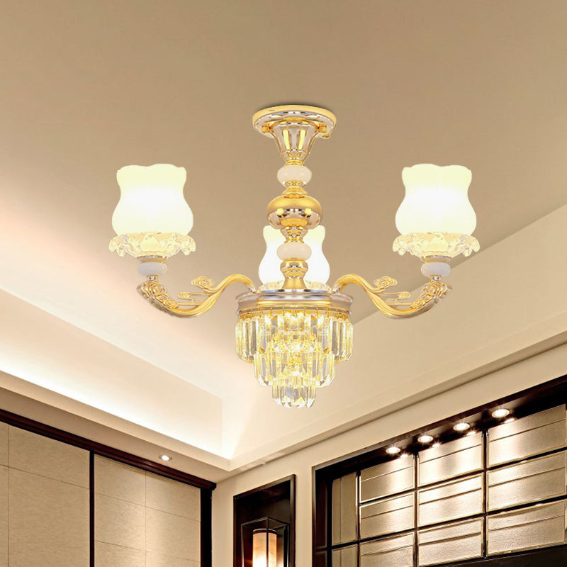 Cream Glass Flower Ceiling Flush Modern 3/6 Lights Bedroom Crystal Semi Flush Light in Gold