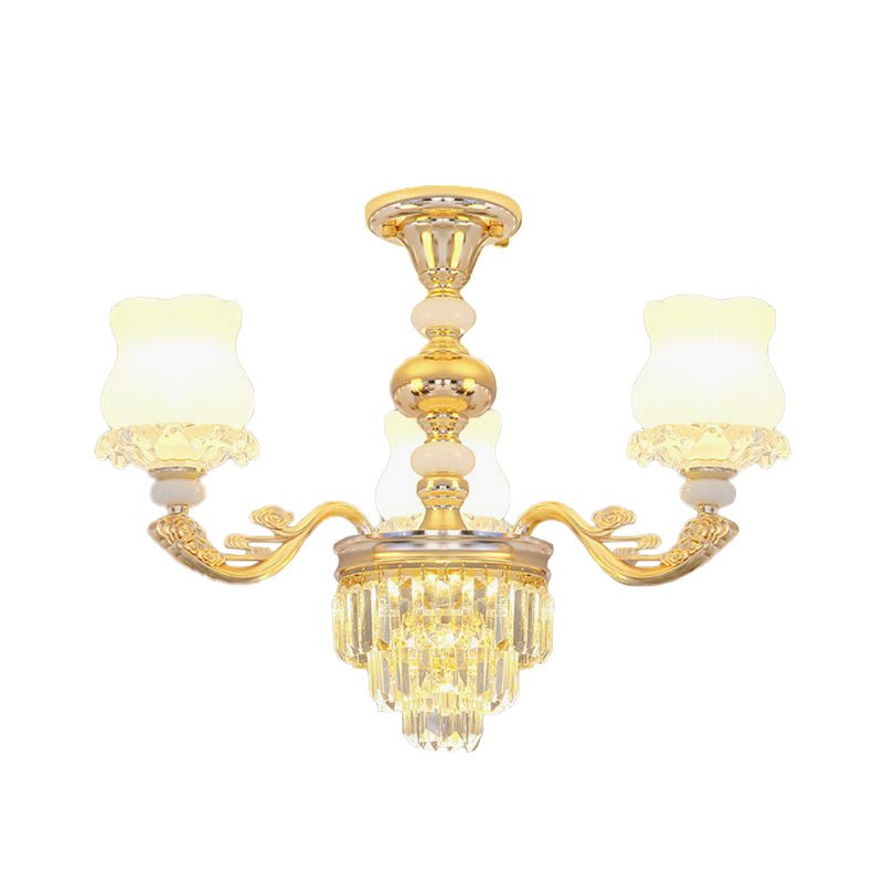 Cream Glass Flower Ceiling Flush Modern 3/6 Lights Bedroom Crystal Semi Flush Light in Gold