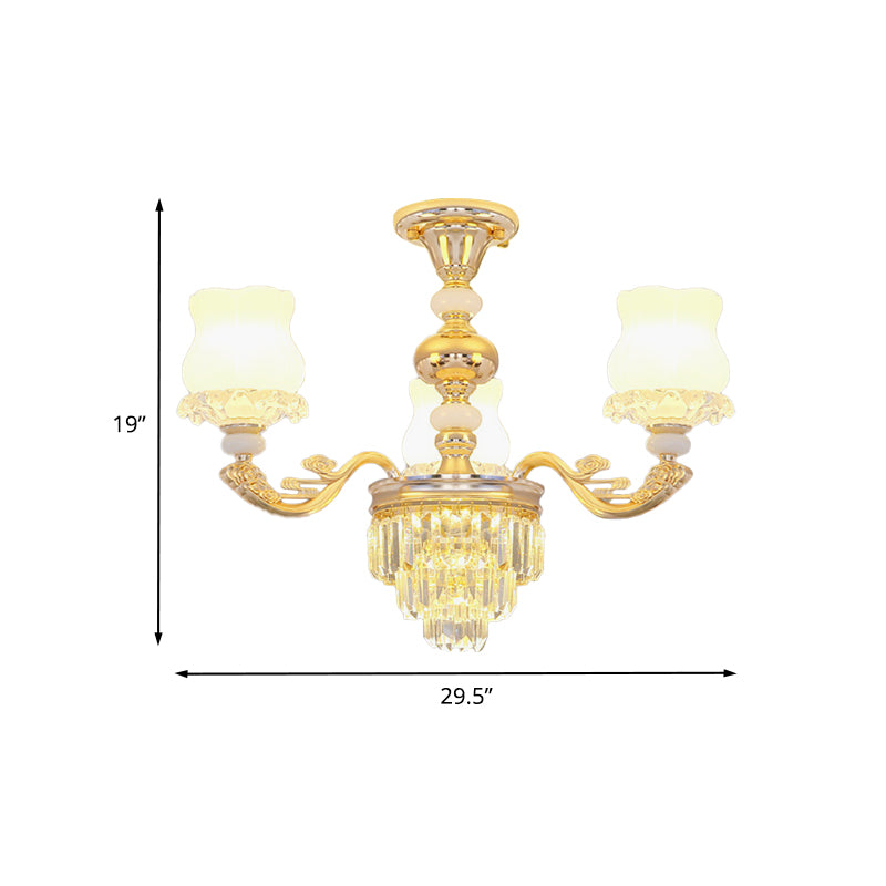Cream Glass Flower Ceiling Flush Modern 3/6 Lights Bedroom Crystal Semi Flush Light in Gold