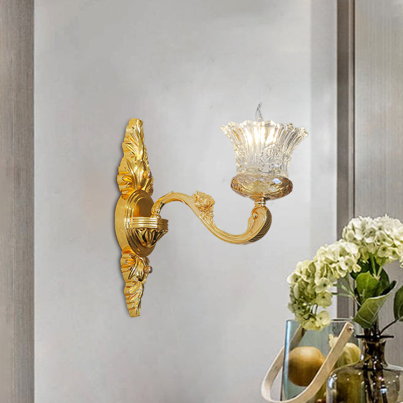 Single Bulb Crystal Glass Sconce Simple Gold Flower Corridor Wall Light with Swooping Arm