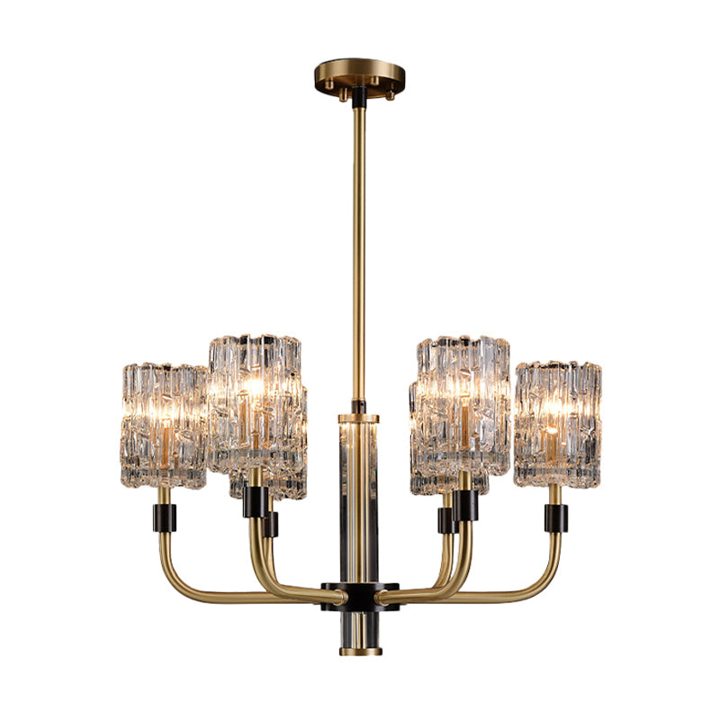 6-Head Clear Crystal Pendant Traditionalist Gold Cylindrical Restaurant Chandelier Light Fixture