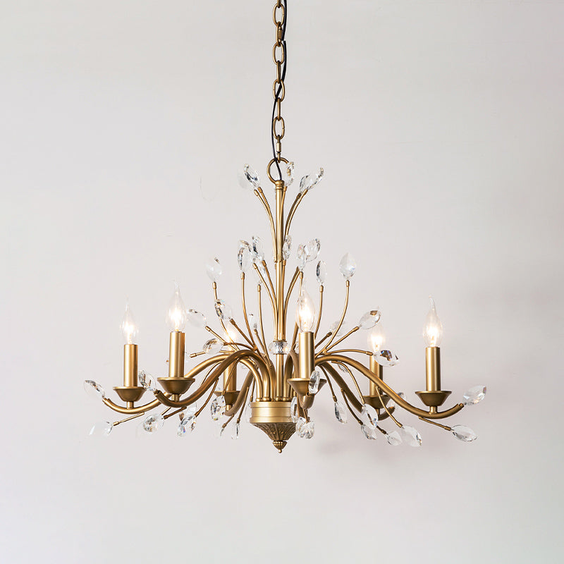 Candlestick Bedroom Pendant Light Vintage Metal 6 Bulbs Gold Chandelier with Crystal Decor
