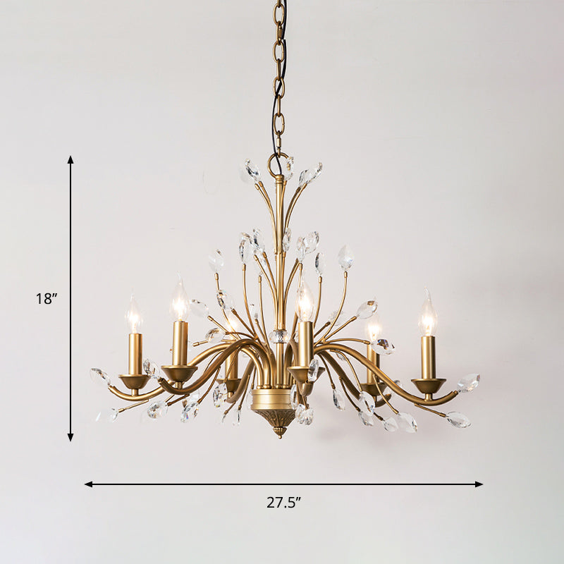 Candlestick Bedroom Pendant Light Vintage Metal 6 Bulbs Gold Chandelier with Crystal Decor