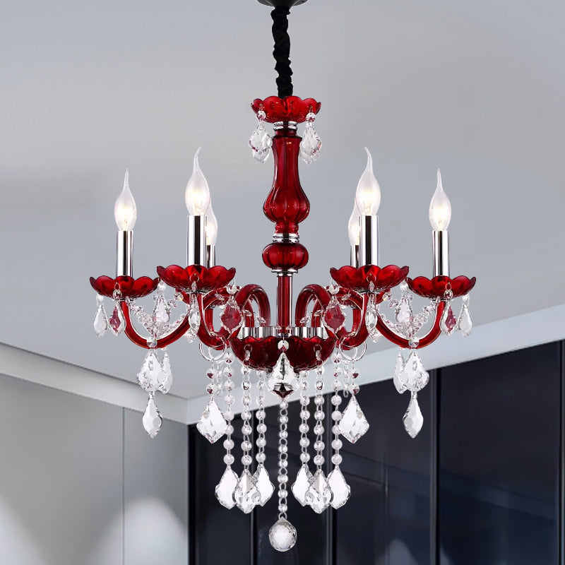 Red Candlestick Hanging Pendant Antique Faceted Crystal 6 Heads Living Room Chandelier