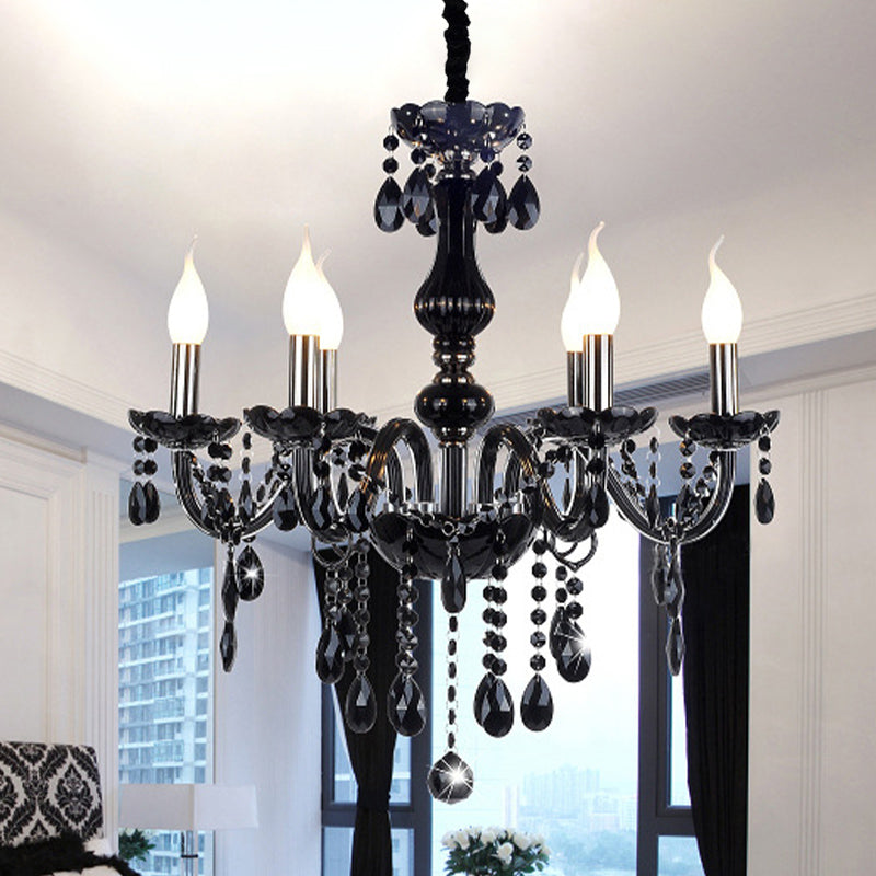 Retro Candelabra hangende kroonluchter 6 koppen zwarte kristallen ophanging hanglamp voor slaapkamer