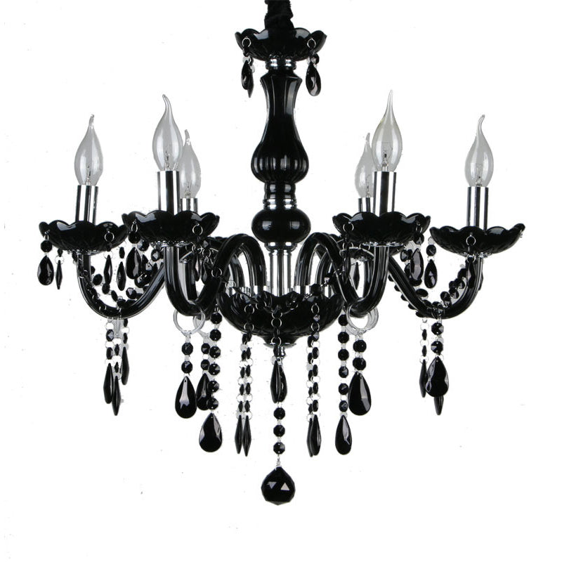 Retro Candelabra Hanging Chandelier 6 Heads Black Crystal Suspension Pendant Light for Bedroom