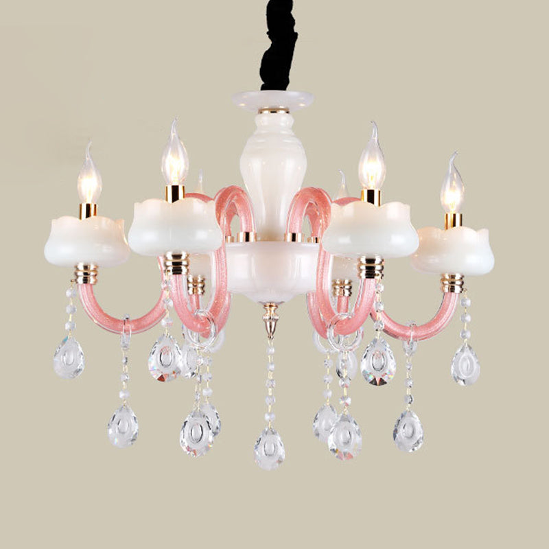Lámpara colgante de cristal de vela retro de araña colgante de 6 luces en blanco y rosa para dormitorio
