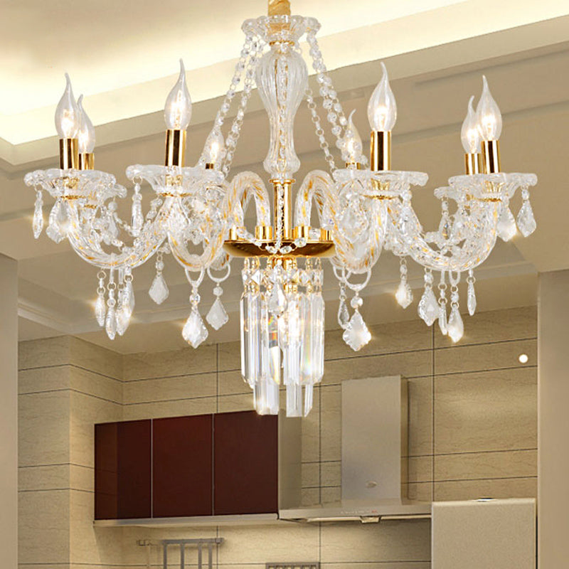 Bell/Candle Crystal Chandelier Light Vintage 8 Lights Dining Room Pendant in Gold with/without Fabric Shade