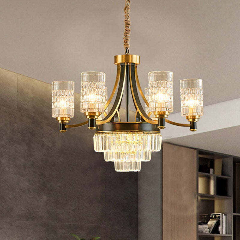 6 Bulbs Ceiling Pendant Retro Living Room Chandelier with Cylinder Clear Glass Shade in Gold