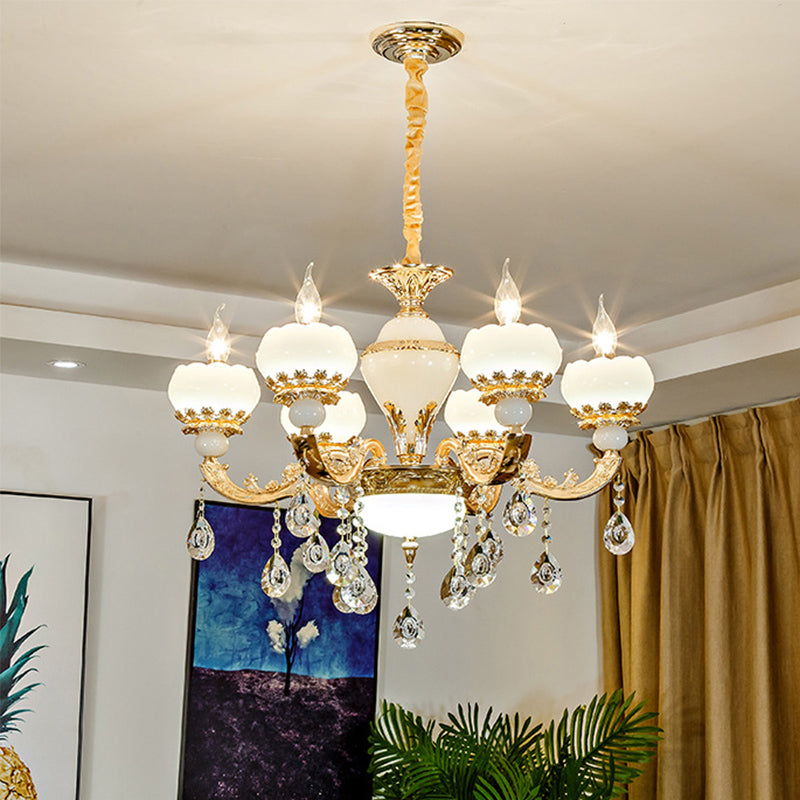 Lámpara de lámpara de araña de oro jade 6 cabezas de la luz del techo de dormitorio con cortinas de cristal